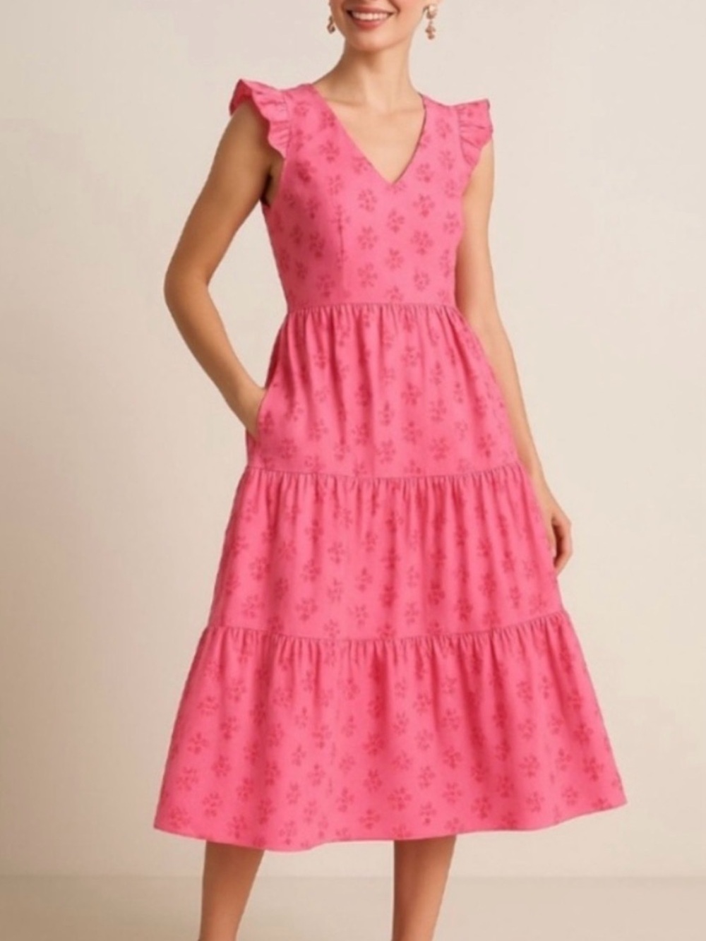 J. Crew Pink Tiered V-Neck Ruffle-Shoulder Midi Dress